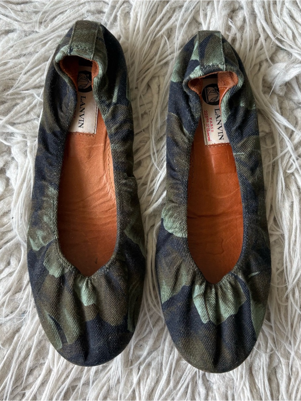 LANVIN Floral Leaf Print Green Canvas Slip-On Round Toe Ballerina Flats 7